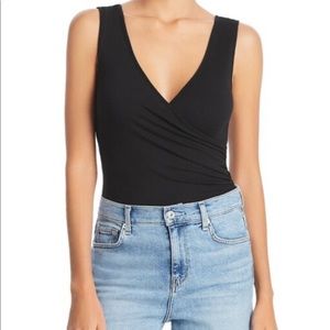 Aqua Black Rib-Knit Crossover V-Neck Sleeveless Bodysuit